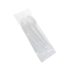 Set tacam Lingura+Furculita+Cutit+Servetel, h167 mm, PLA,alb , ambalat in BOOP,100 BUC, 8 set/bax