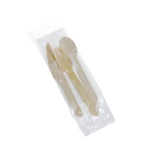 Set tacam Lingura+Furculita+Cutit+Servetel, h160 mm, lemn natur, ambalat in BOOP,100 BUC, 10 set/bax
